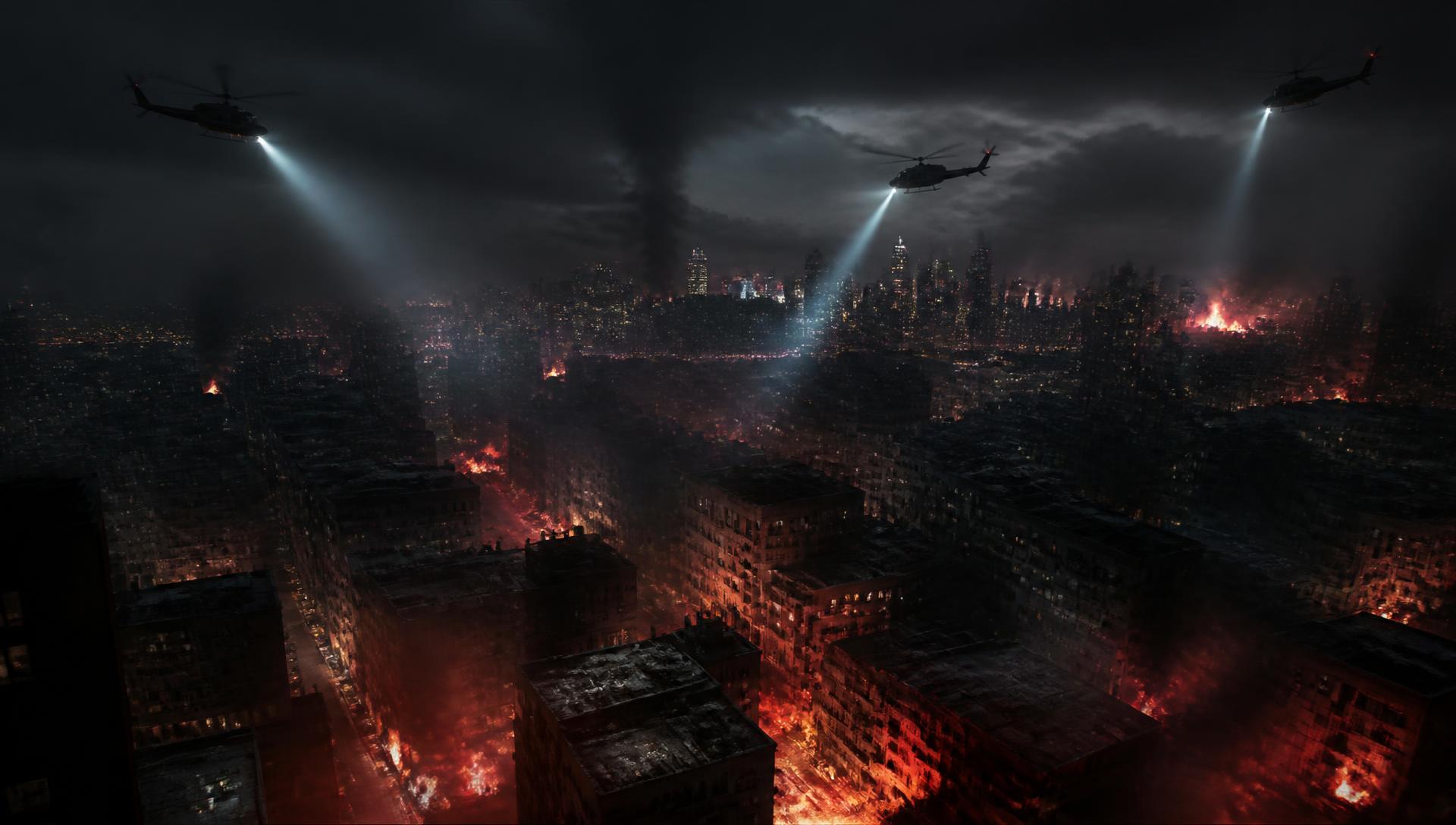 Helicopter searchlights over a burning city skyline