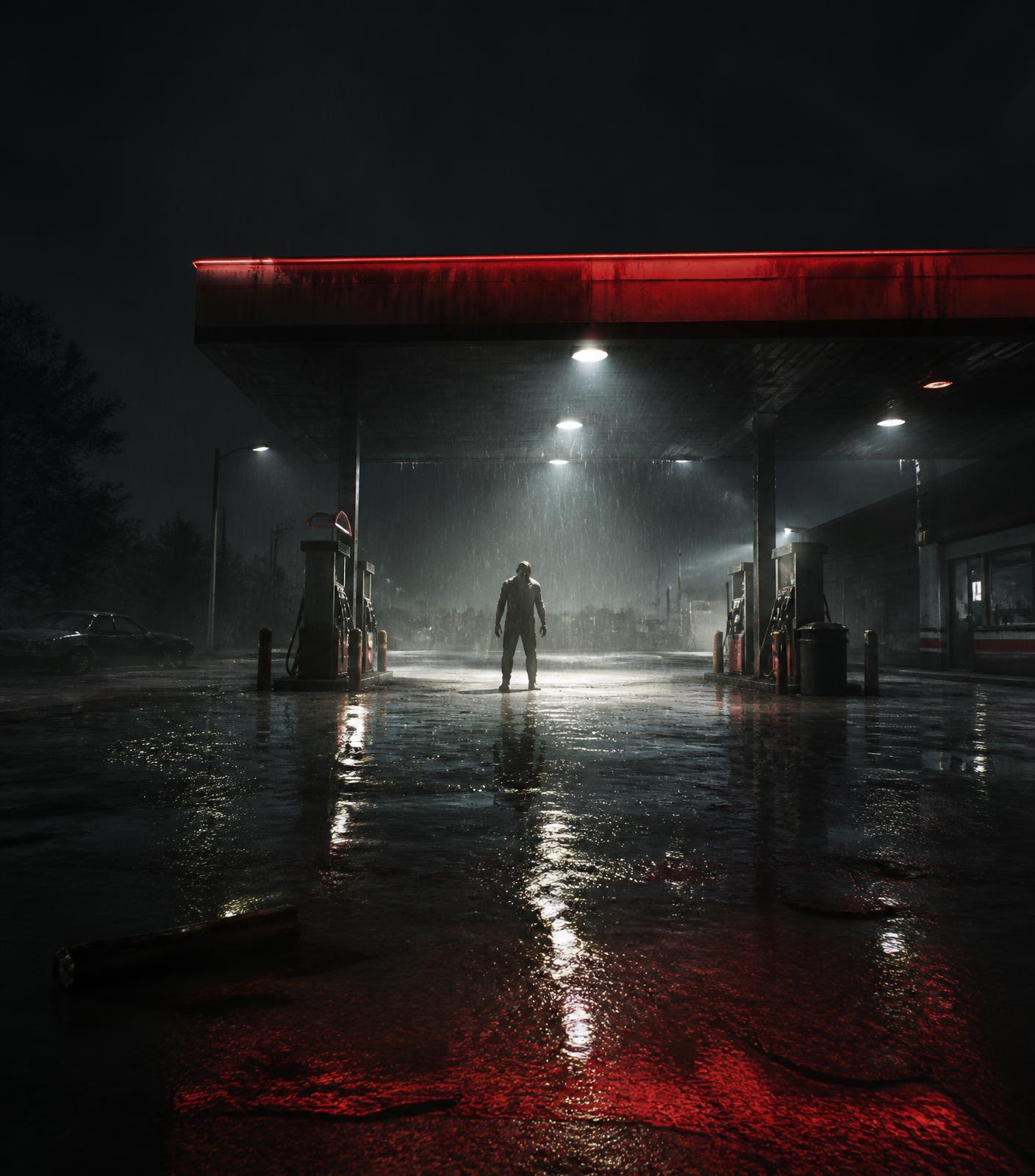 Rain-soaked gas station at night