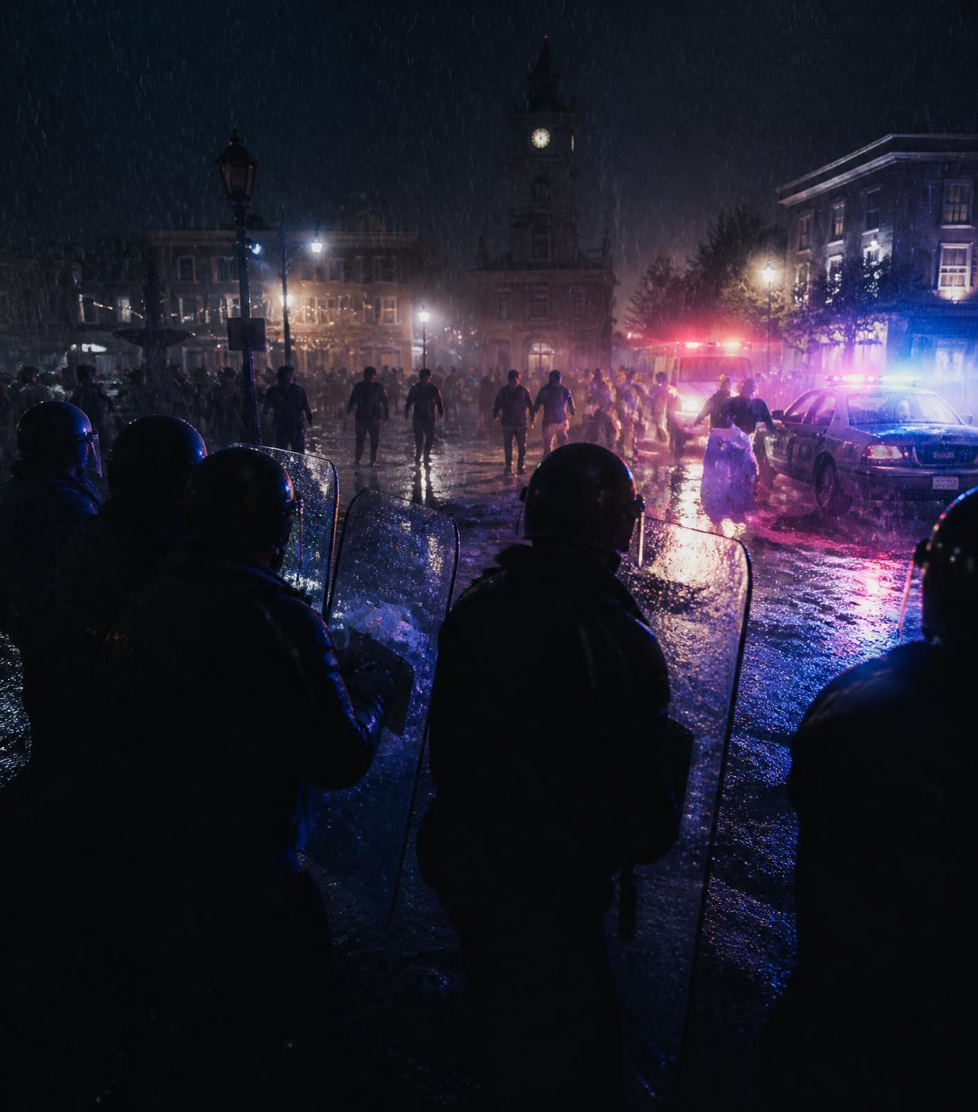 Police blockade in a town square